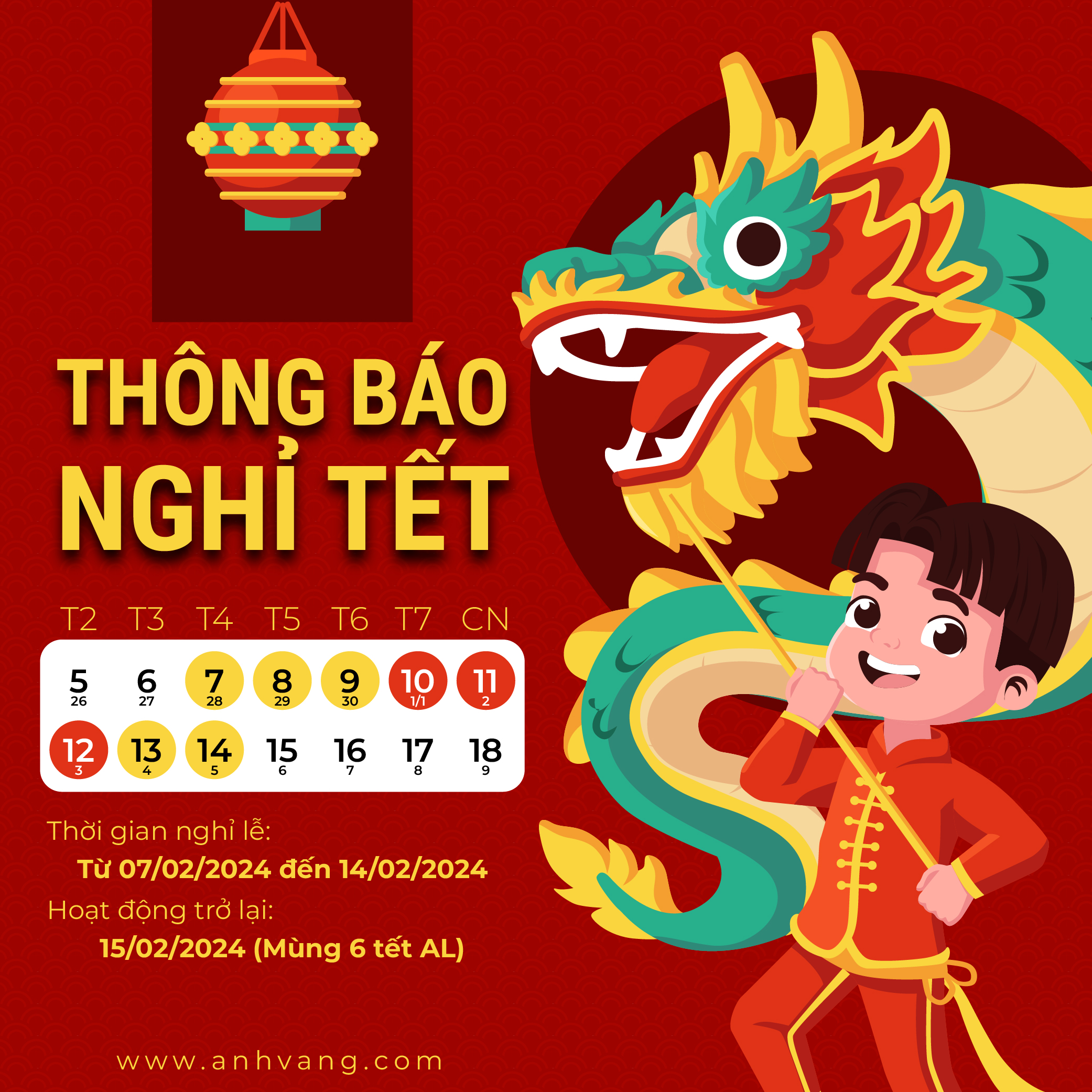 THÔNG BÁO LỊCH NGHỈ TẾT NGUYÊN ĐÁN 2024